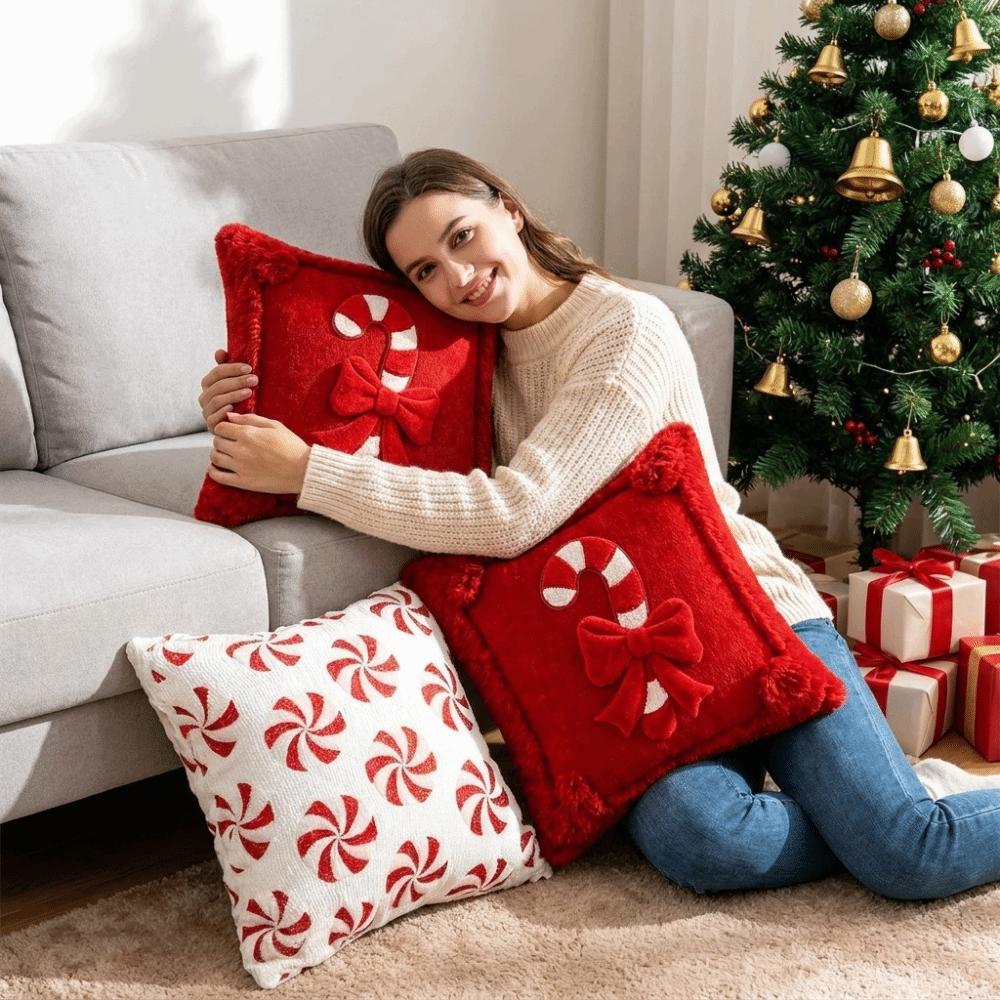 Gift Plush Christmas Pillow Cover Durable 18X18 Inches Throw Pillow Cover Candy Cane Bow Design Polyester Pillowcase Winter
