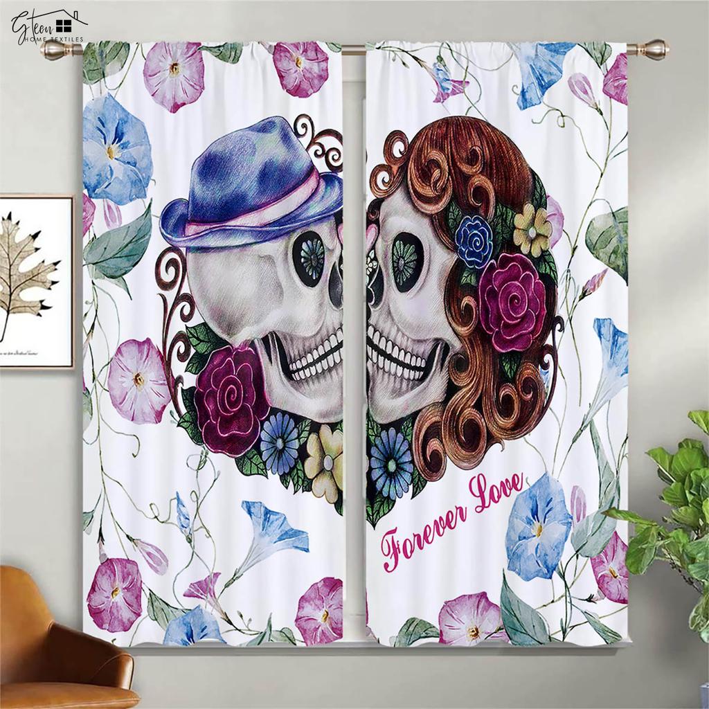 Blackout Insulation Curtains Floral Skull Print Curtains Suitable for Halloween Restaurant Living Room Party Decoration Curtains
