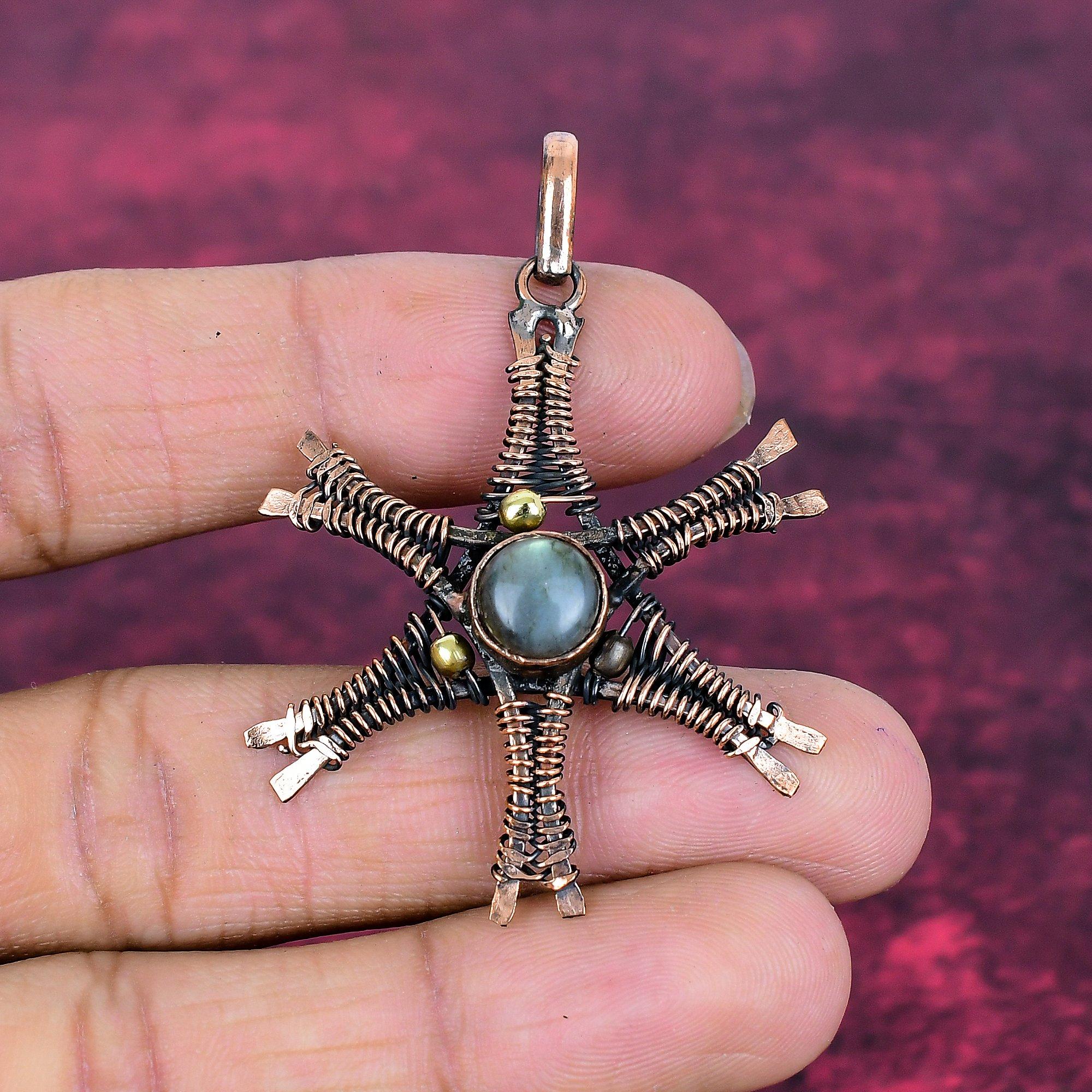 Labradorite Gemstone Pendant Copper Wire Wrapped Jewelry Handmade Star Pendant