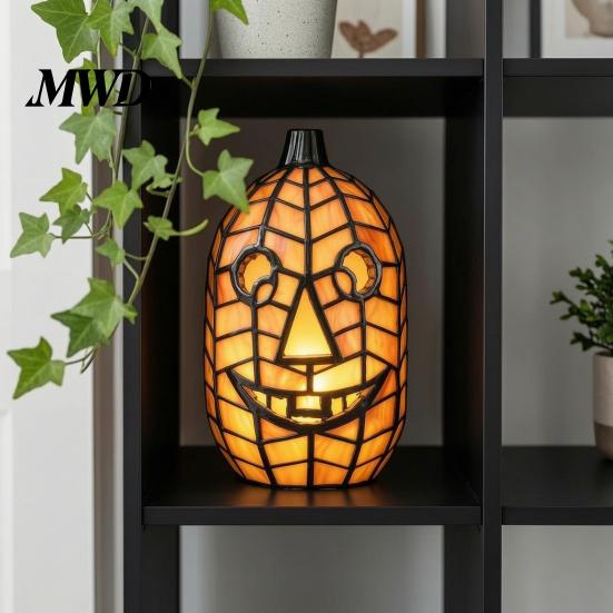 Eerie Demonic Face Sculpture Stained Glass Pumpkin Lamp, Halloween Fall Table Lamp with Warm Glow, Crafted Resin Lantern USB Powered Orange