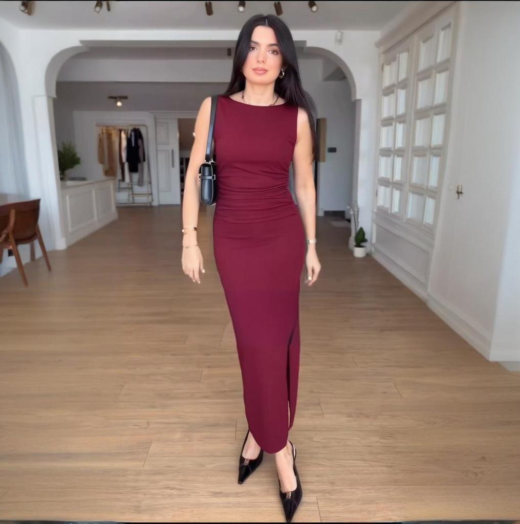 2025 Summer European and American Sleeveless Pleated Slim-Fit Solid Color Sexy Dress