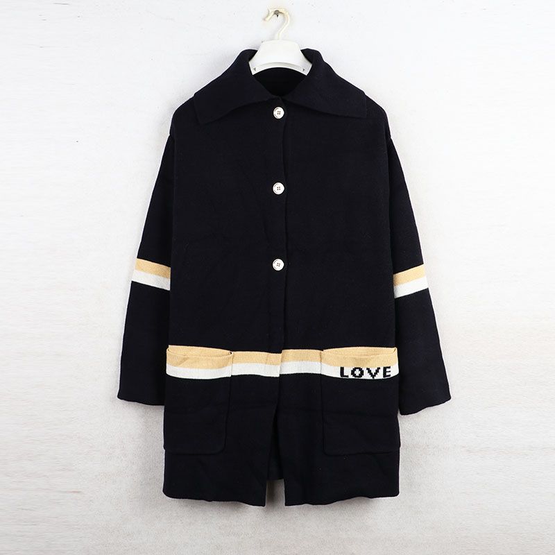 

Sunshine House Fall and Winter New Arrival Export European and American plus Size Women s Clothes Lapel Long Sleeves Pocket Loose Sweater Coat Long Dark blue Bust size 124