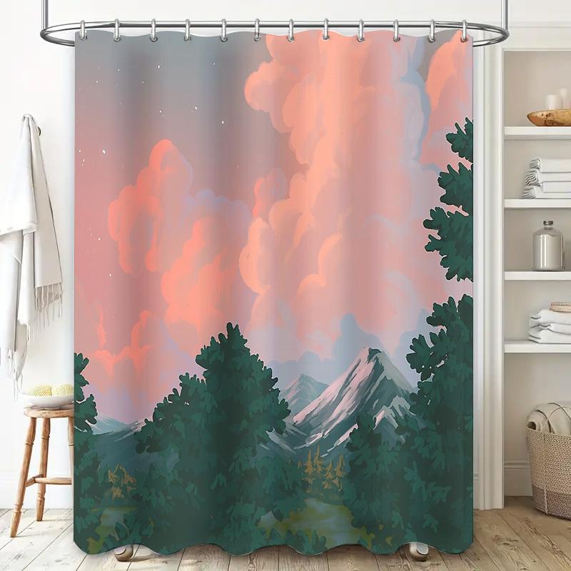 Mountain Forest Shower Curtain Nature Landscape Scenic Backdrop Artistic Bathroom Decor Rustic Home Decor Wall Hanging Tapestry