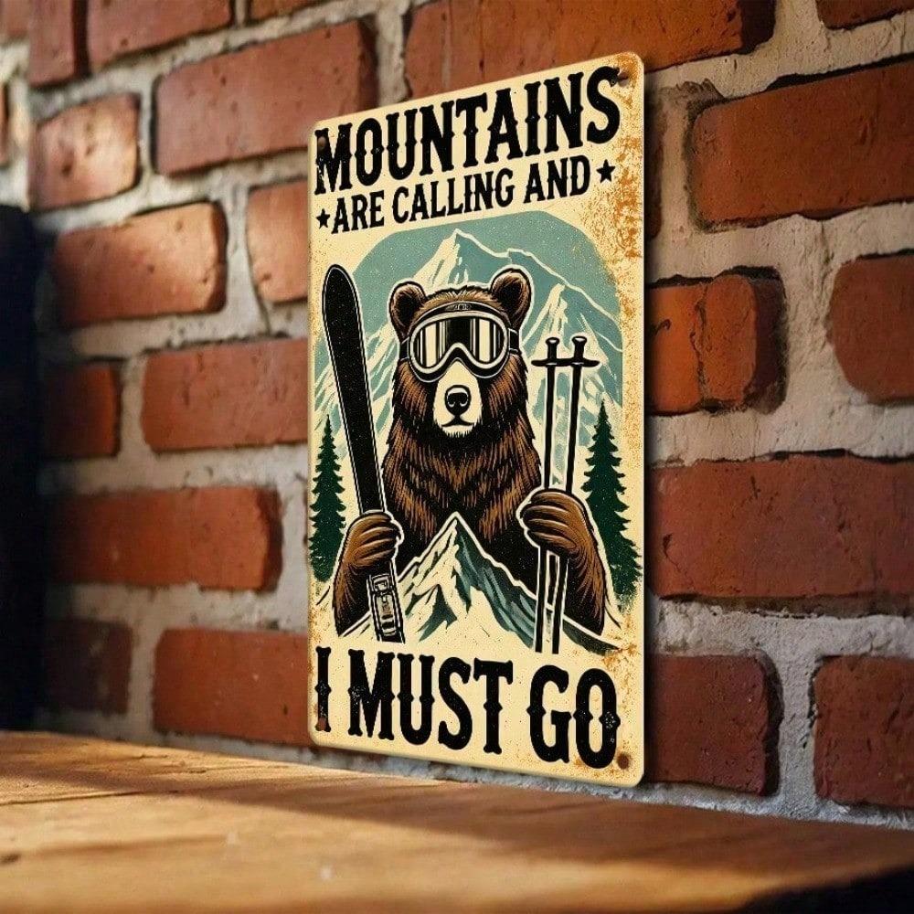 1PC Vintage Bear Hiking Tin Sign, The Mountains Are Calling Retro Outdoor Wildlife Metal Plaque, Sturdy Cabin Wall Decor