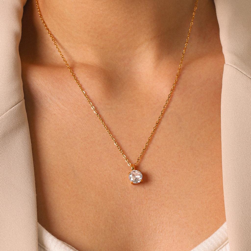 H&C Hot Selling18K PVD Gold Plated Stainless Steel Solitaire Round CZ Pendant Necklace for Women Christmas Birthday Gift Jewelry