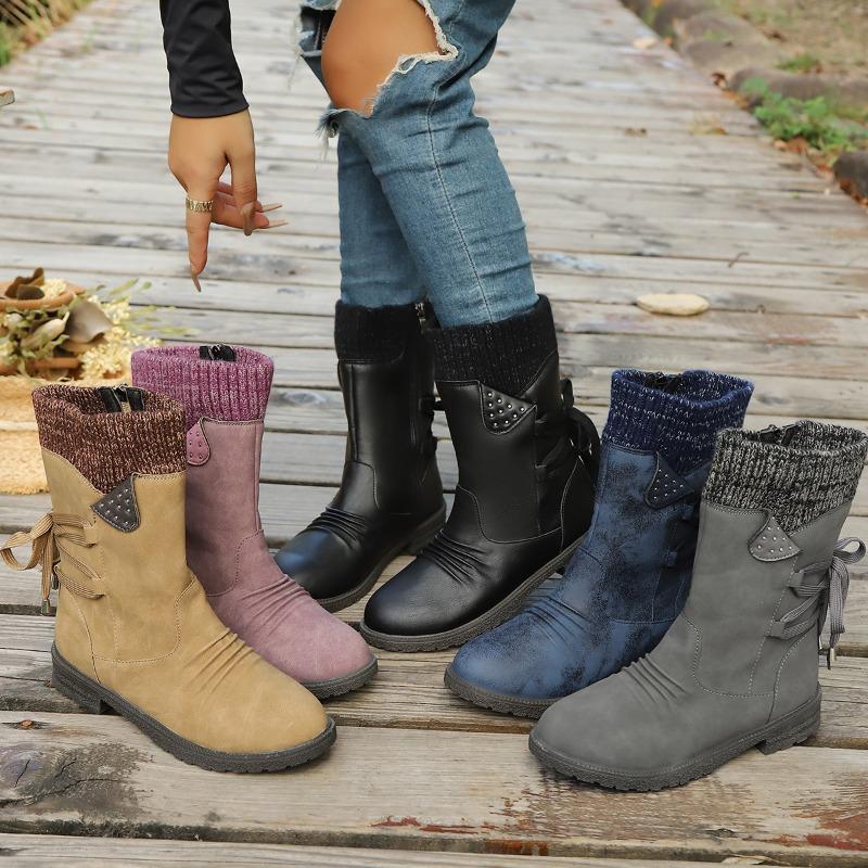 Damenstiefel in Übergröße, Neue Winterstiefel für , Modische Stiefel mit dickem Absatz und mittellangem Schaft aus Wolle