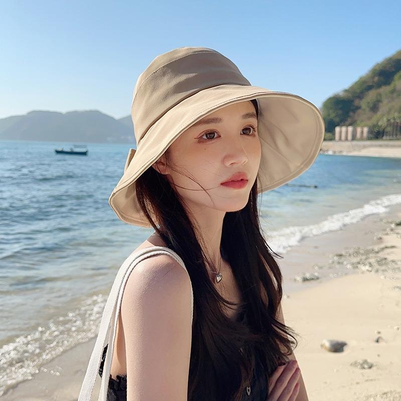Women Big Bowknot Bucket Hat Solid Color Wide Brim Sun Protection Fisherman Panama Cap Sweet Girl Female Travel Beach Visors Hat