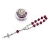 QIGO Red Wood Beads Strand Cross Rosary Bracelet With Box Church Religious Jewelry Gifts Cannot Be Worn