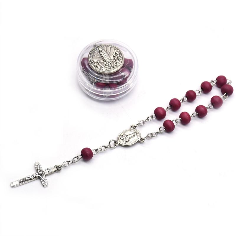 QIGO Red Wood Beads Strand Cross Rosary Bracelet With Box Church Religious Jewelry Gifts Cannot Be Worn