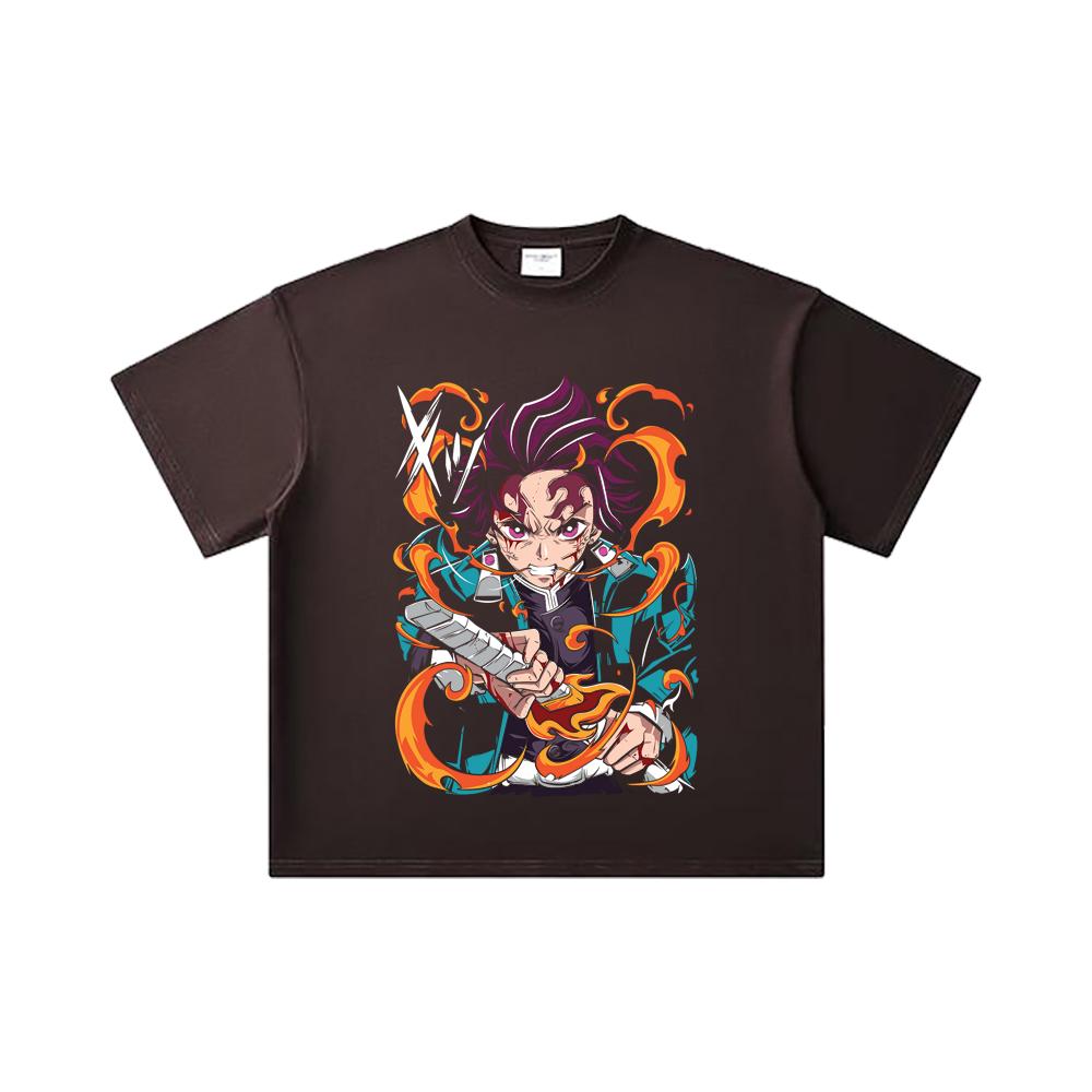260 GSM Double Yarn 32 Count 100% Cotton Demon Slayer V64 Tanjiro Fire Breathing Print Unisex Heavy Cotton T Shirt