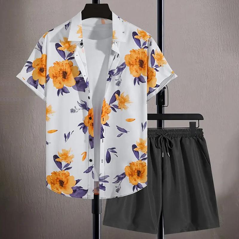 Stylish Lapel Button-Down Shirt Shorts Set Summer Men's Short-Sleeved Shirt Drawstring Shorts 2-Piece 3D Leaf Print Travel Suit