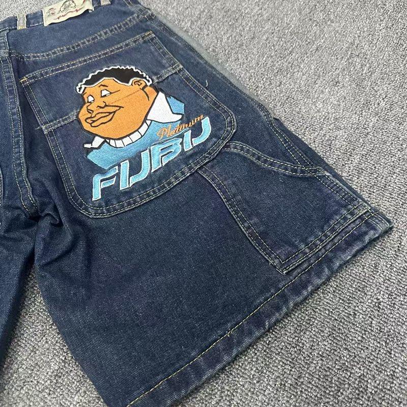 RogueWave Y2K Jeansshorts Herren Harajuku Hip Hop Cartoon Stickerei Blau Baggy Denim Lässig Knielang Kurz