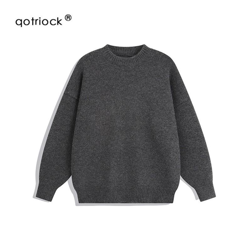 Mens Solid Color Oversized Round Neck Knit Sweater Warm Thick Casual Winter Top