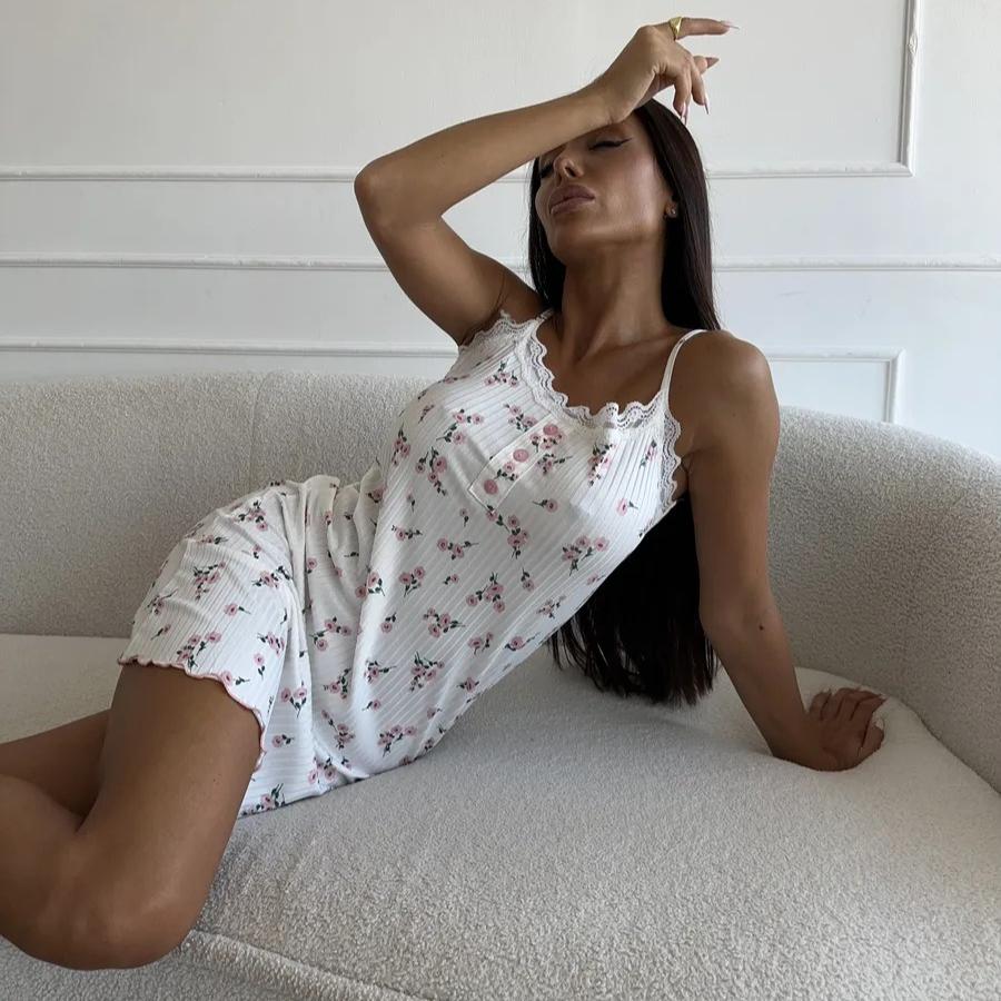 Sexy slim Květinový tisk krajka Dámské Kalhotky Lotusový okraj Kamizol Noční košilka mini noční prádlo Letní noční košile domácí oblečení
