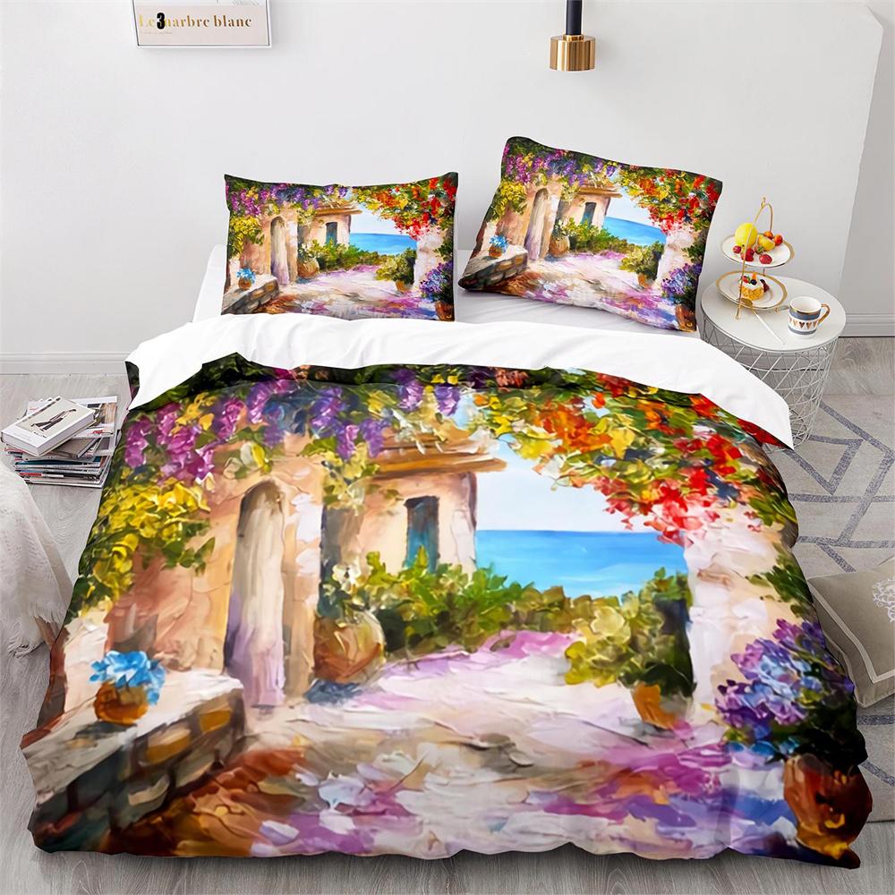 Oil Painting Duvet Cover Set Pink Cherry Blossoms Tree Flowers Polyester Comforter Cover King Queen Full Size for Girls Boys Kid