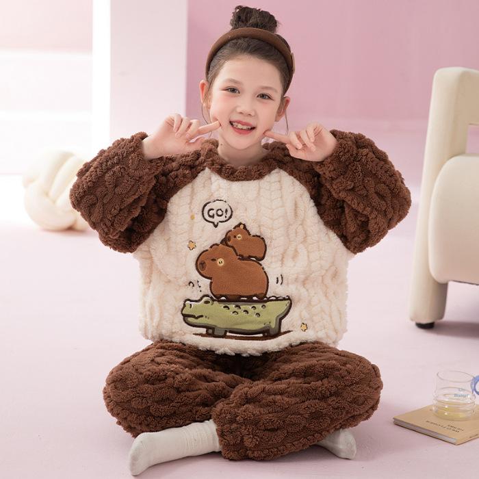 Kids Flannel Pajamas Set Boys Girls Warm Long Sleeve Top And Pants Sleepwear Winter Home Nightwear
