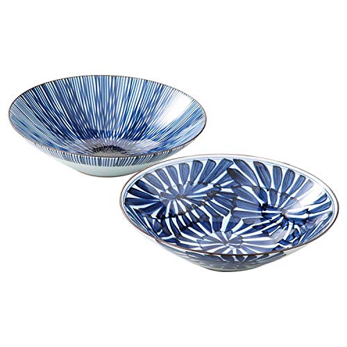 Saikai Pottery Hasami Ware Multi-purpose Bowls, Pair, Gift Box Included, Hand-painted, Antique Dye Pattern, 19199 Blue