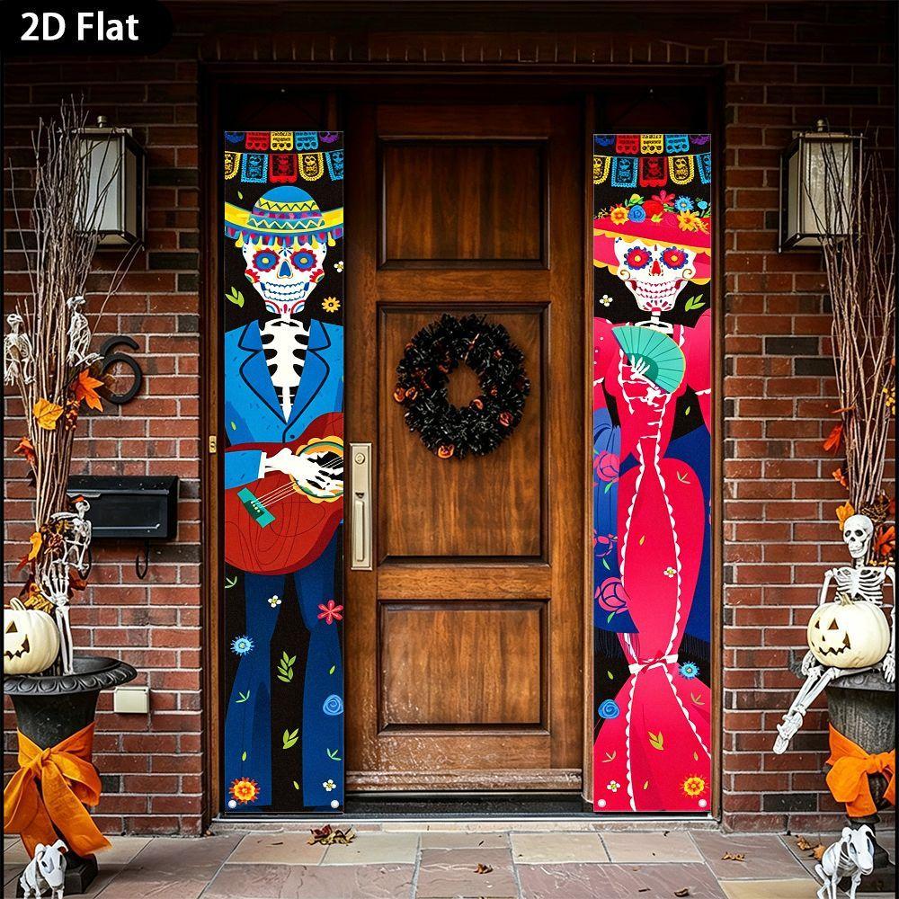 2D Flat, 2D Flat - 2D Flat, 2D Flat - 2D Flat 2pcs Banner Day of The Dead Theme Doorway Couple Couple Skeleton Guitar Fan Design with Colorful Flag De