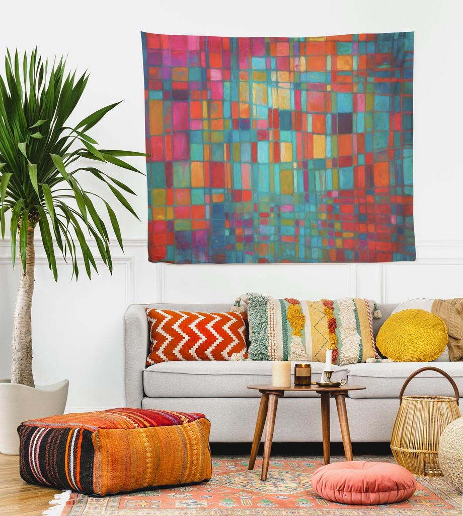 Colorful Abstract Grid Tapestry – Modern Boho Wall Art for Maximalist Decor Vibrant Geometric Pattern for Living Room or Dorm