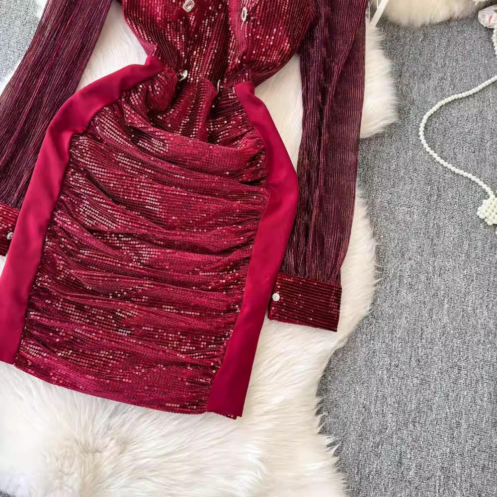 New Autumn Retro Sequins Lapel Pencil Dress Women Clothes Elegant Lady Sheer Sexy Long Sleeve Slim Short Party Birthday Vestidos