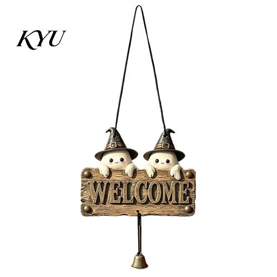 Spooky Home Entrance Decor Halloween Wooden Welcome Hanging Sign, Vintage Farmhouse Door Hanger with Skeleton Pumpkin Style Festive Ghost, Decorative