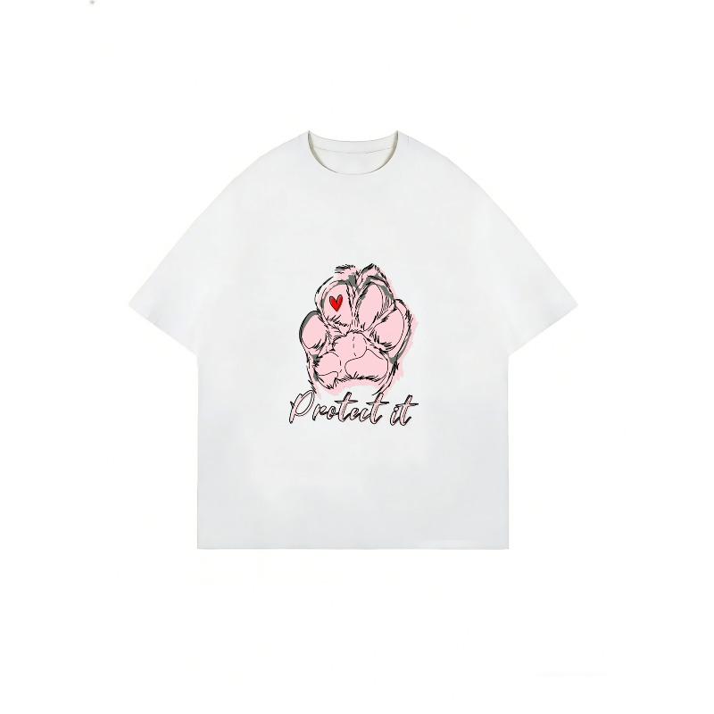 Women Casual T Shirt White Paw Print With Heart And Protect It Text For Pet Lovers Daily Wear