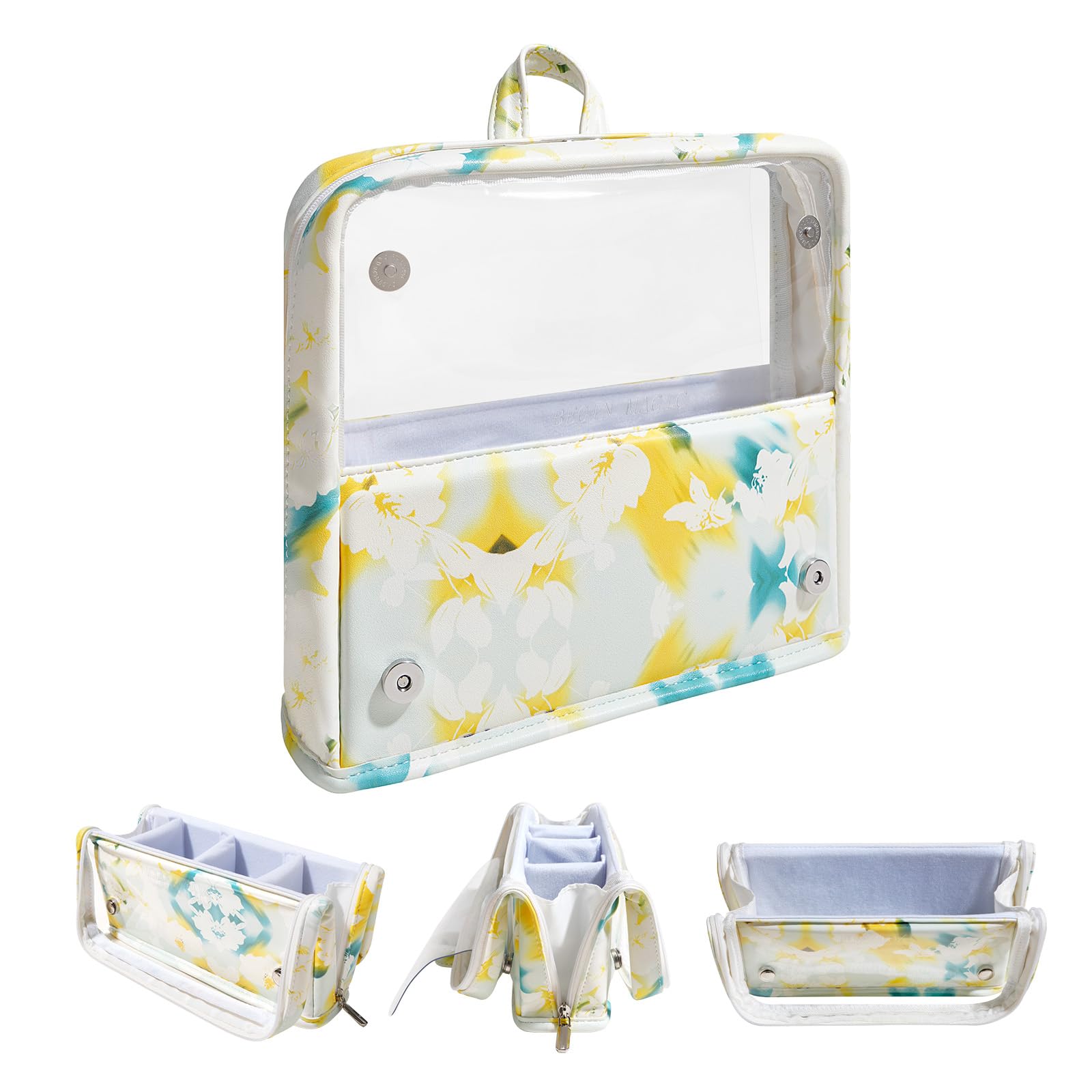 

Rownyeon Makeup Brush Large Floral Cosmetic Adjustable Brush Storage Case Pouch, Capacity, Semi-Transparent, Print, Storage, Dividers, Portable,