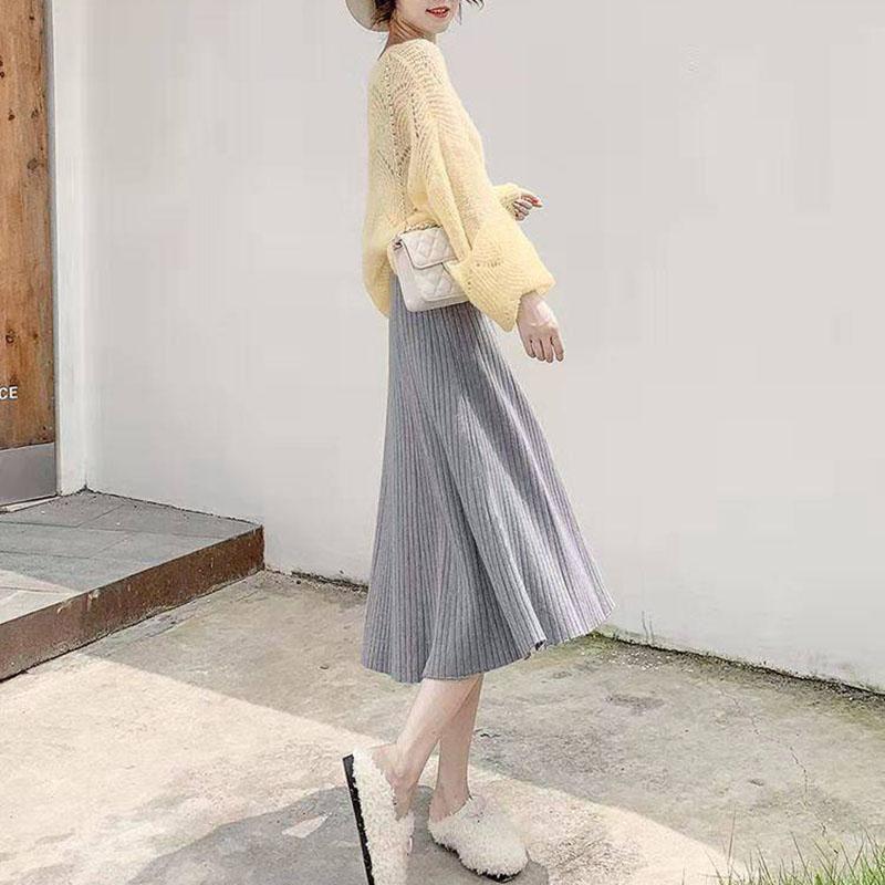 Autumn Winter Knitting Solid Color Pleated Skirt Female High Waist All-match Mid-length A-line Skirt