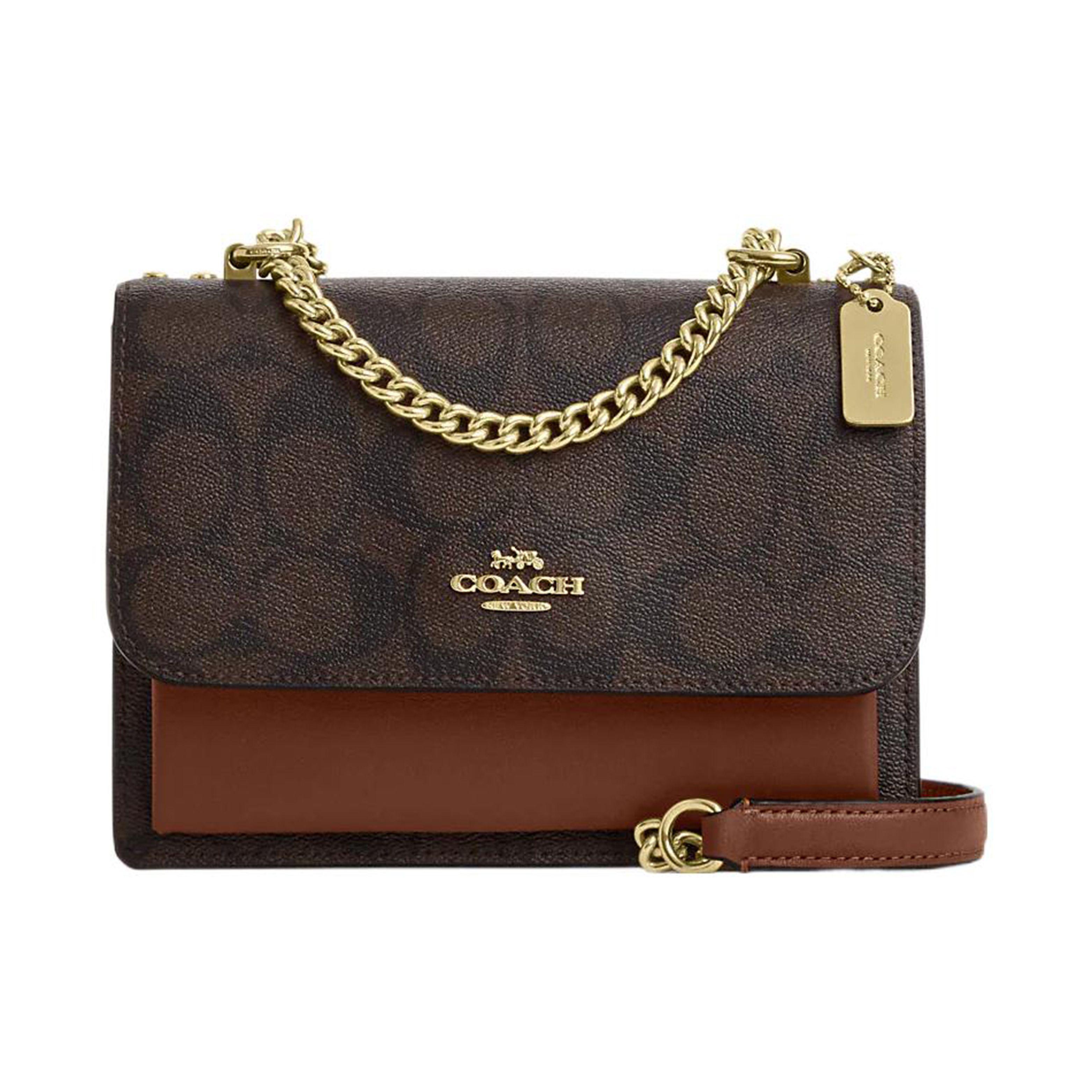 Coach Women's Brown Klare 18 Classic Monogram Flap Letter Logo Chain Canvas And Leather Shoulder Crossbody Bag Small Bags Redwood C9946-Imw6s