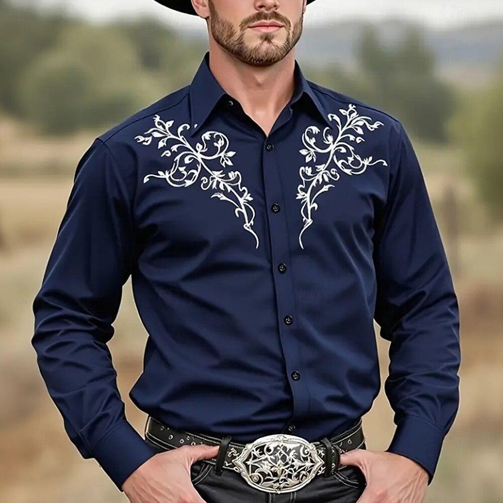 Camicia da Uomo con Stampa Floreale Lavorazione Etnica Camicia Western Camicia da Cowboy Manica Lunga Vintage Retrò Vacanza all'Aperto