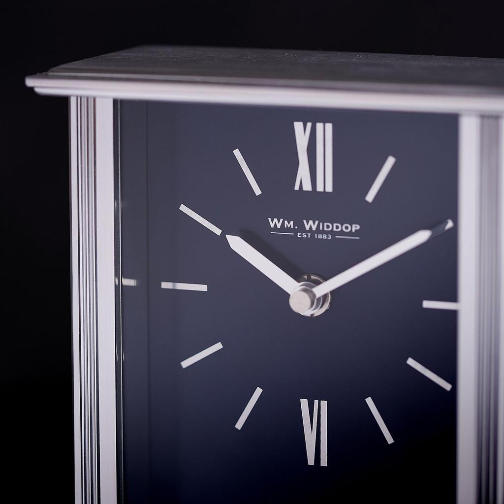 Wm.Widdop Silver Mantel Clock Navy Blue Dial