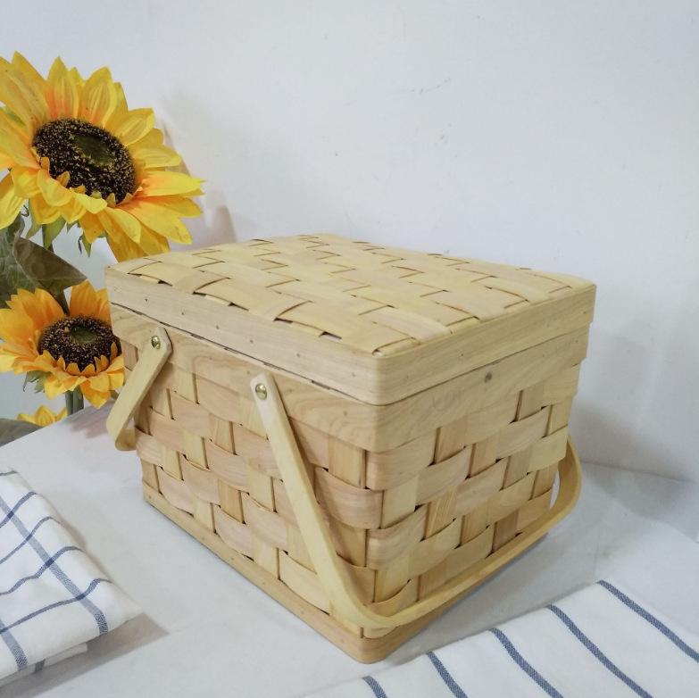 2pc Wood Weaving Picnic Portable Fruit Holder Home Storage Basket