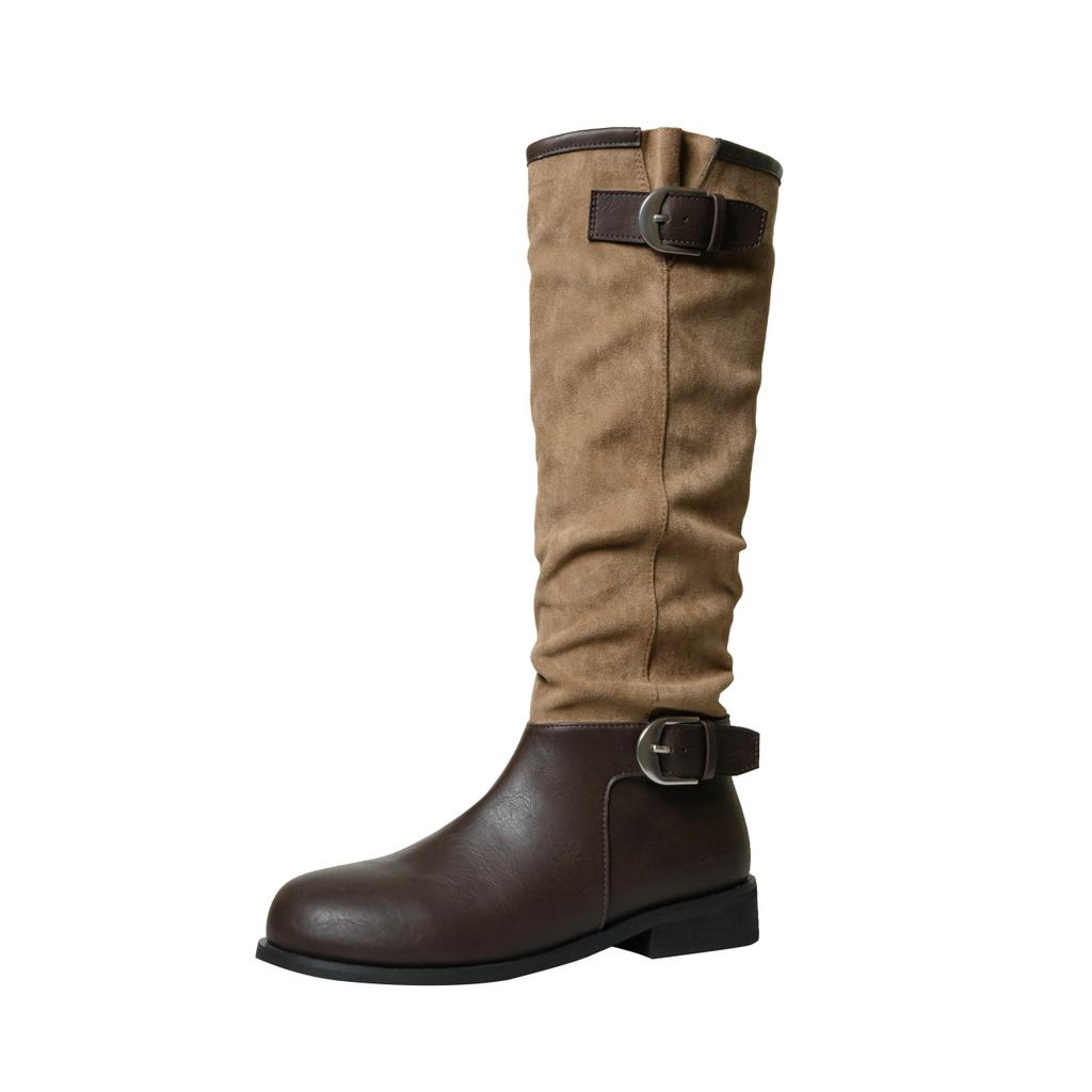 [Ruodan] Thick-soled British Style Belt Buckle Medium Tube Stack Boots Knight Boots Women's Retro Round Head Boots Women's