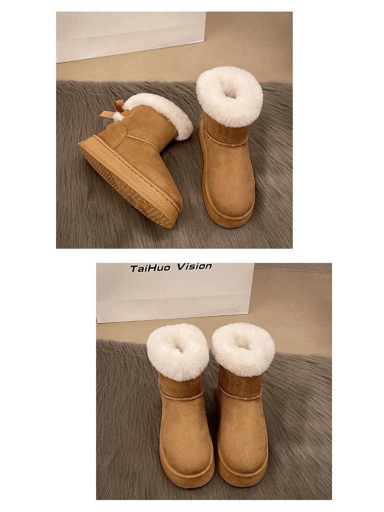 2025 Winter Thick-Soled Fleece-Lined Slip-On Snow Boots with Bow Detail - Warm Plus Size