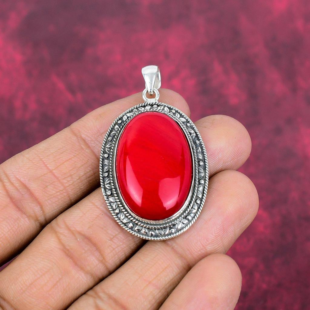 Red Coral Handmade Gemstone Pendant, 925 Solid Sterling Silver Pendant Antique Jewelry, For Engagement Gift