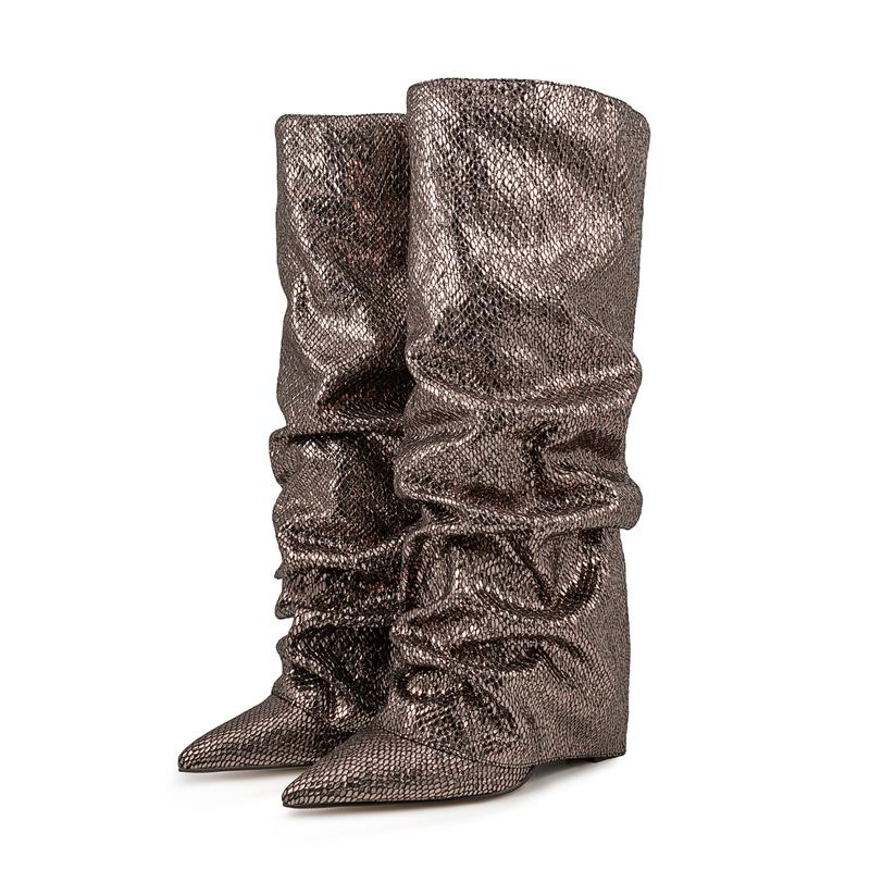 Krokodilmuster Damen High Boots Spitzschuh Leopardenmuster Keilschuhe Retro Schlupf-Muster Ärmel Kniehoch Plissee Stiefel