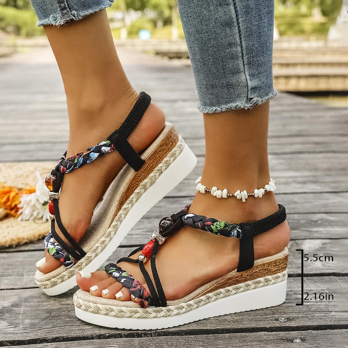 Summer women s wedge heel platform sandals large size fish mouth ethnic style beaded wedge heel sandals women 36