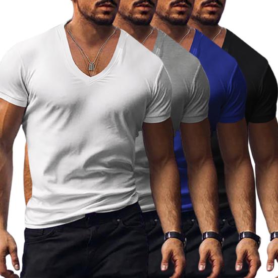 Men T-shirt V-neck Solid Color Sweat Absorption Breathable Extra Soft Dress-up Washable Summer Slim Fit Men Shirt Top for Men