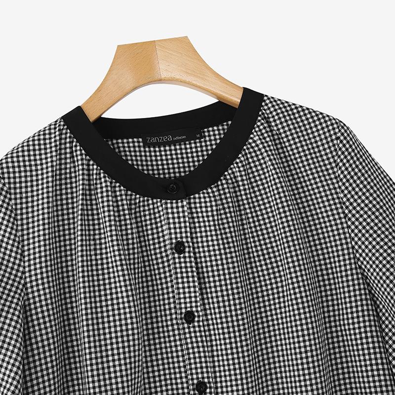 ZANZEA Women Casual Round Neck 3/4 Sleeve Grid Print Loose Blouse