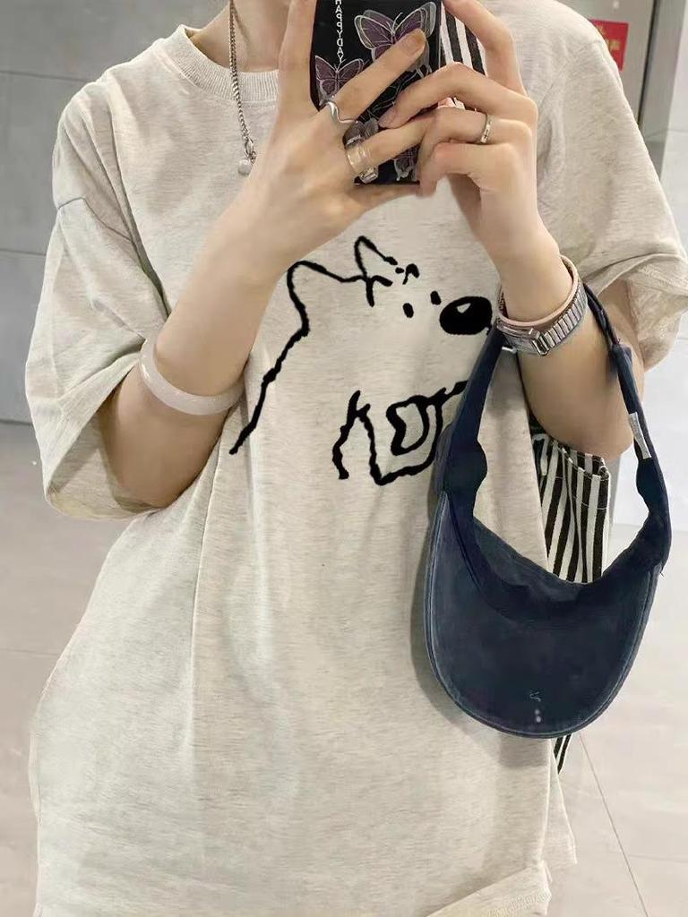 Women's Summer 2025 Gray Loose-Fit Puppy T-shirt - Cute Short Sleeve Pure Cotton