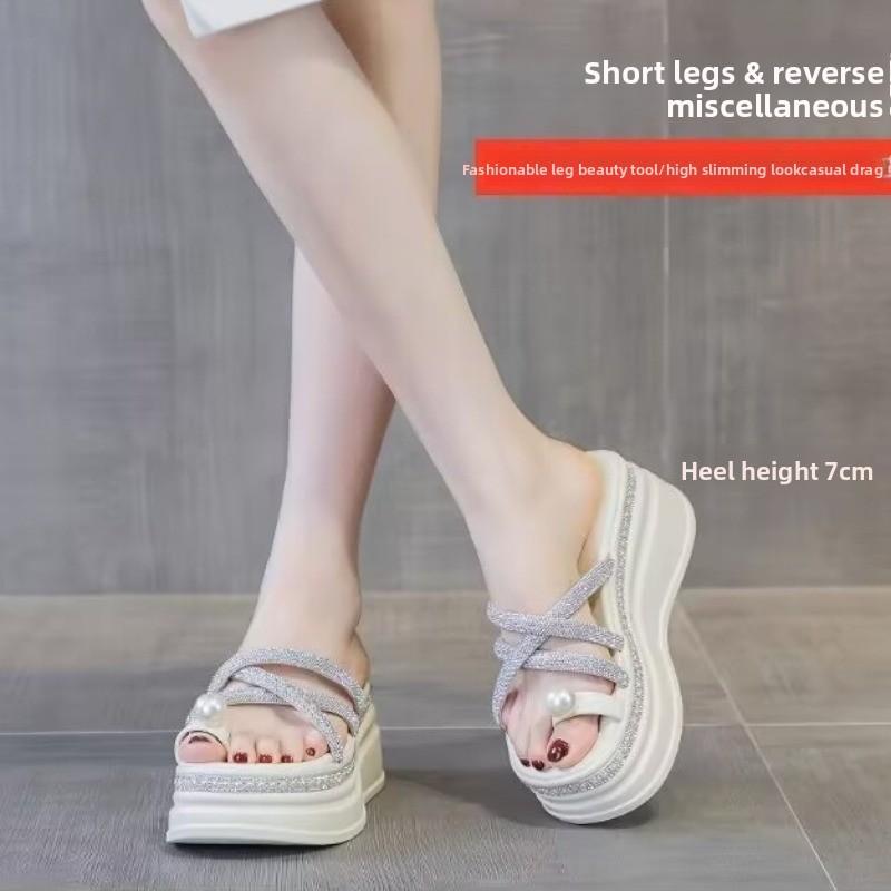 2025 Summer New Women's Sandals Fairy Style Pearls Crystal Sandals Fashion Thick Heeled Sandals for Women Open Toe Casual Sandal