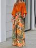 Women's Summer New Foreign Style Set, Lantern Sleeve Loose Top with Printed Wide Leg Pants Outfit