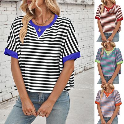 Zomer Casual Oversized Gestreept Kleurblok Ronde Hals Vleermuis Mouw T-shirt voor Dames