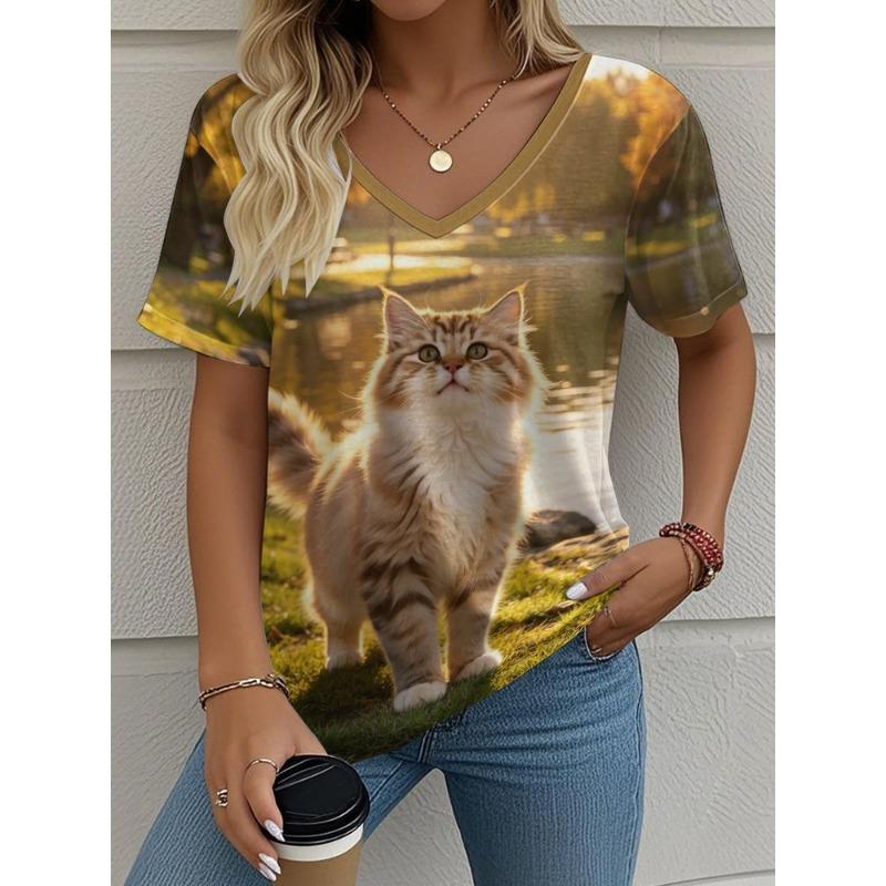 Women's summer casual V-neck short-sleeved T-shirt, with fashionable 3D print, suitable for outings or at home