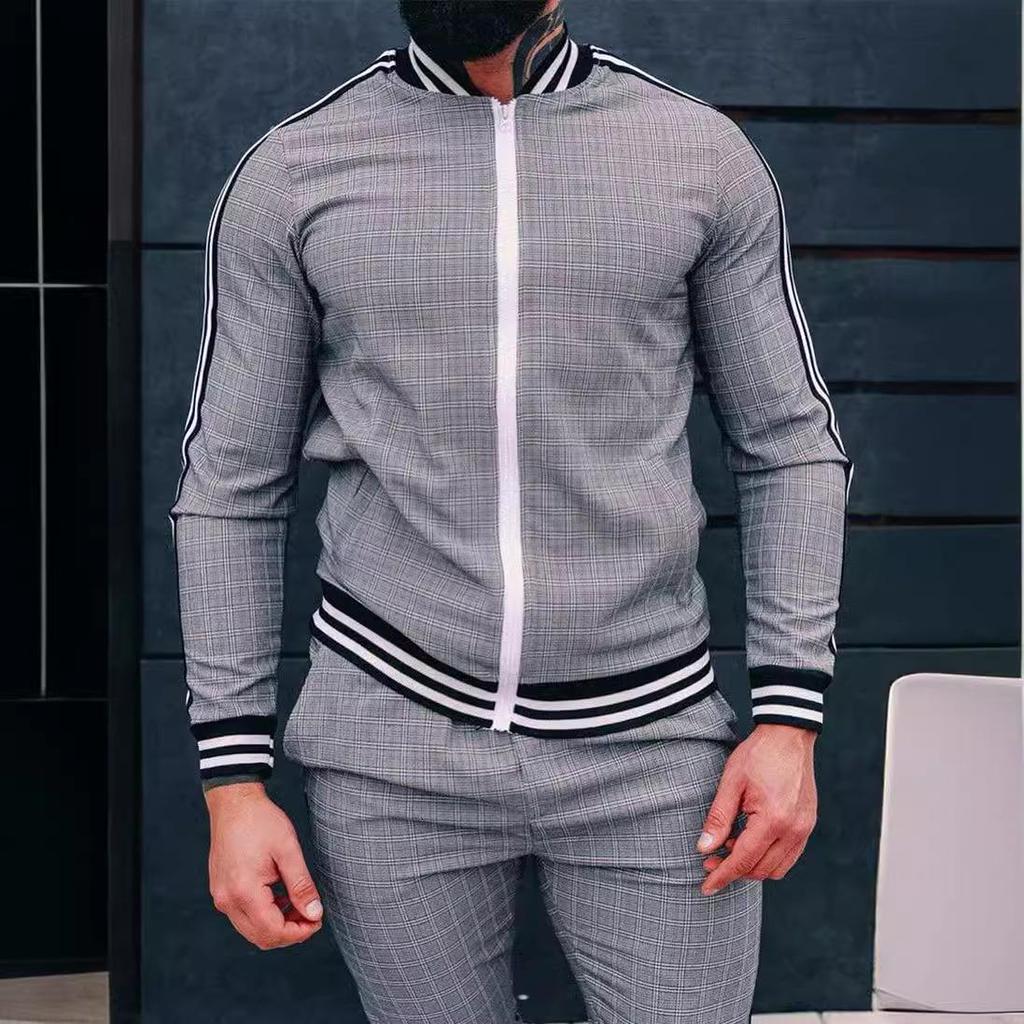 Autumn Men's Casual Plaid Sport Suit: Zip-Up Jacket & Long Pants Two-Piece Set