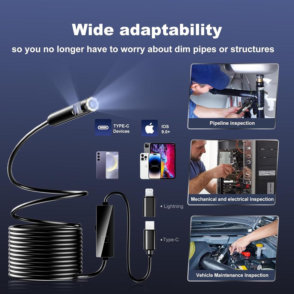 [Dual-Lens] Endoscope Camera with Light, 1920P HD Borescope with 8+1 Adjustable LED Lights, IP67 Waterproof Endoscope with 16.5ft Semi-Rigid Cable