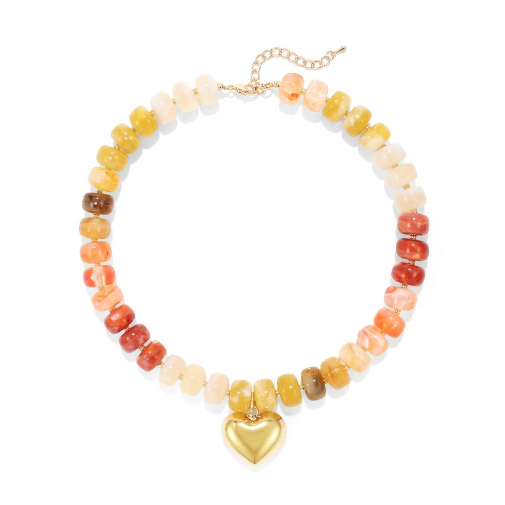 

Trendy Colorful Acrylic Beaded Choker Necklace Resin Bohemia Heart Pendant Necklace Chunky Vintage Statement Clavicle Chain Gift коралл розовый