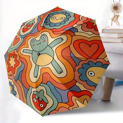 1pc Froggy Flowers Automatic Open/close Folding Compact Umbrella, 8 Rib Sturdy Canopy, Lightweight Portable, Everyday Use, Gift,,084