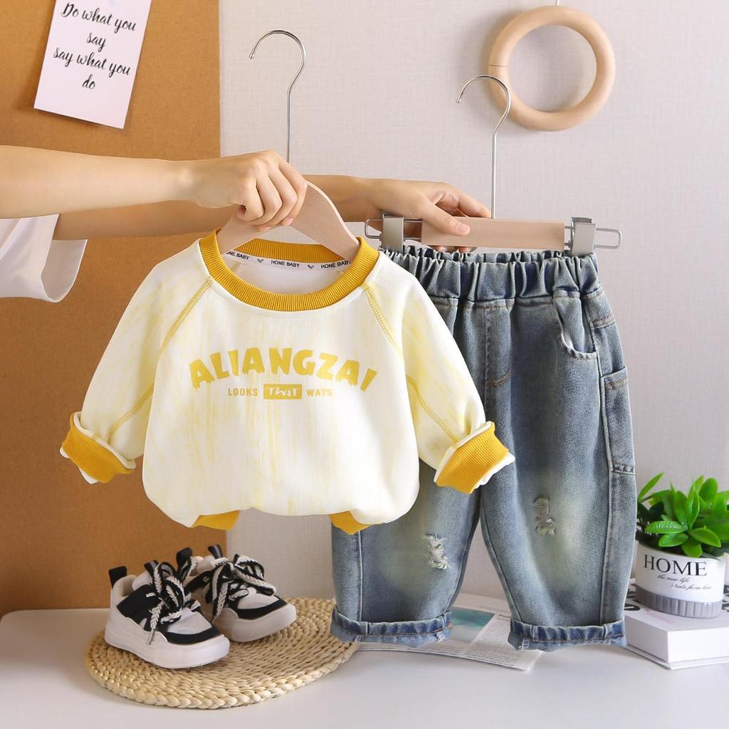 Boys' Spring and Autumn Letter Long Sleeve Set, Children's Jeans Two Piece Set, Handsome Baby Clothes