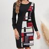 2024 Damen Frühlingskleid Farbblock Geometrischer Patchwork Rundhals Langarm Lockerer Pullover Weich Über Knie Länge Lässig Alltag Mini Kleid